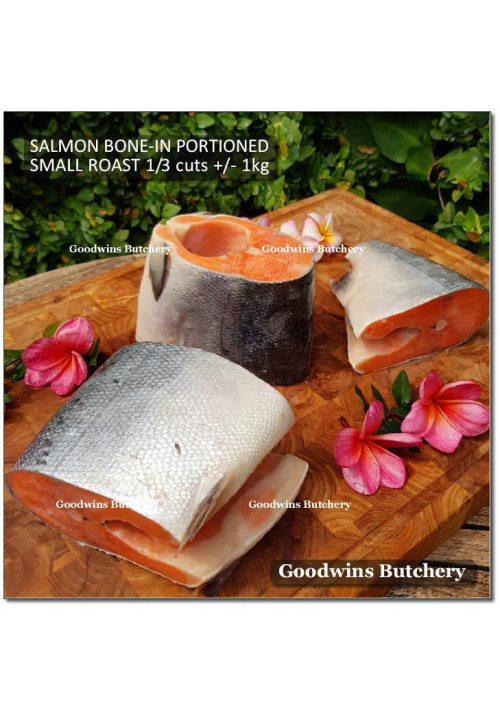 Salmon BONE-IN Atlantic Chile frozen MEDIUM SIZE portioned 1/3 CUTS for small roast +/- 1 kg/pc (price/kg)